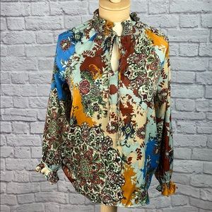 Everleigh Boho Tie Ruffle Neck Blouse Size XS